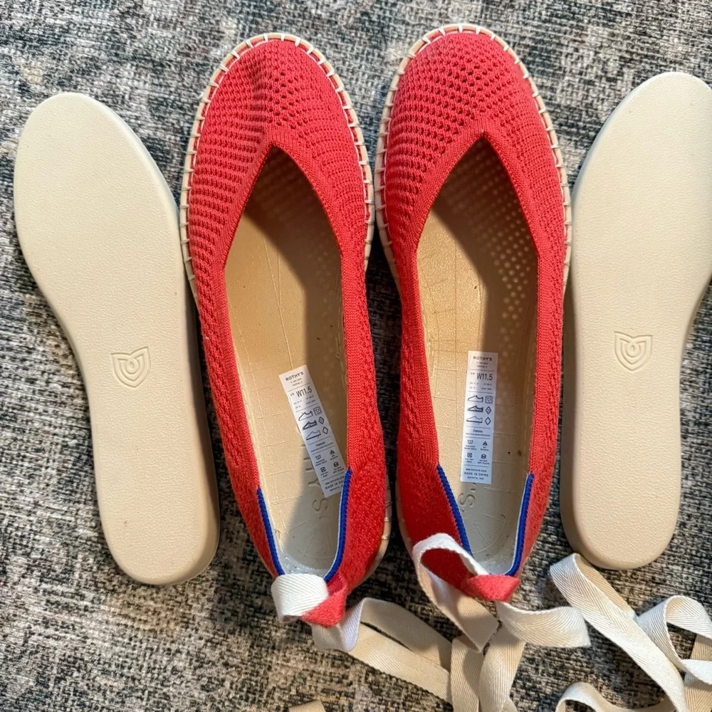 Rothy's The Espadrille Lace Up in Red Hot with Cream Laces, Size 11.5